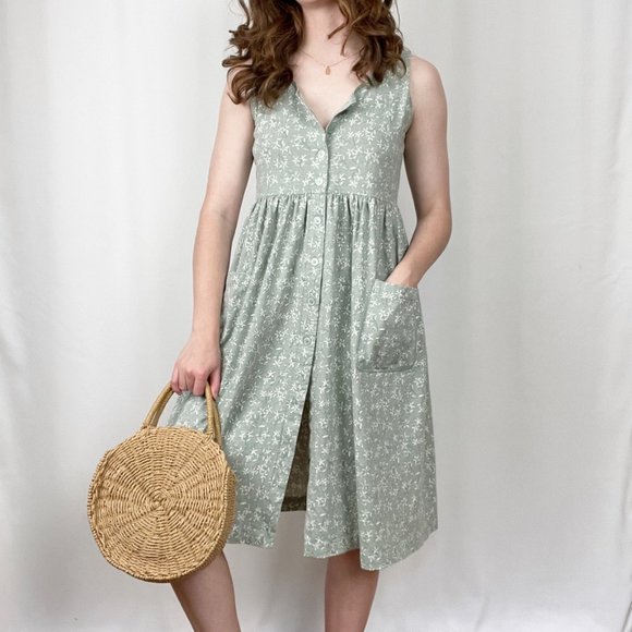 Vintage Rustic Cottagecore Floral Button Up Sleeveless Summer Midi Dress Pockets - Picture 6 of 6
